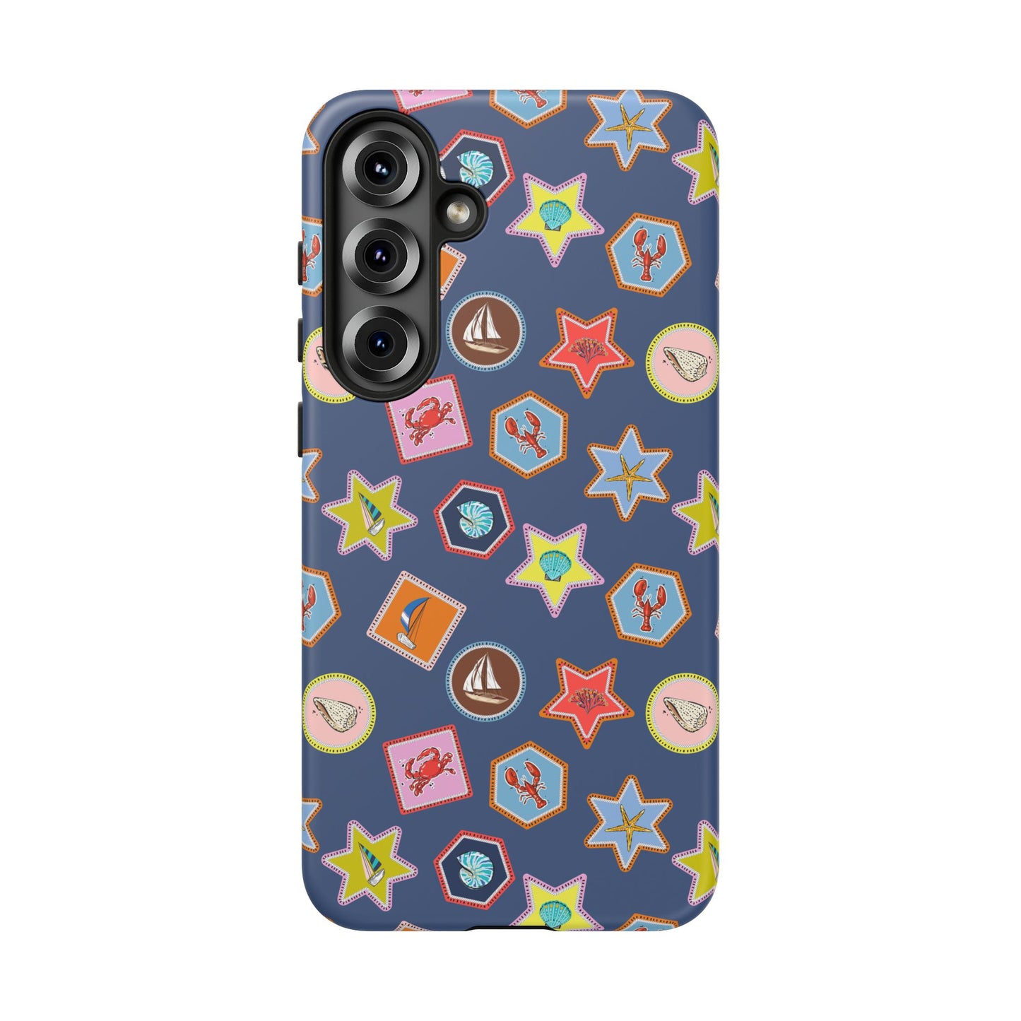 Lobsters Sailboats and Seashells on Navy Blue Phone Case