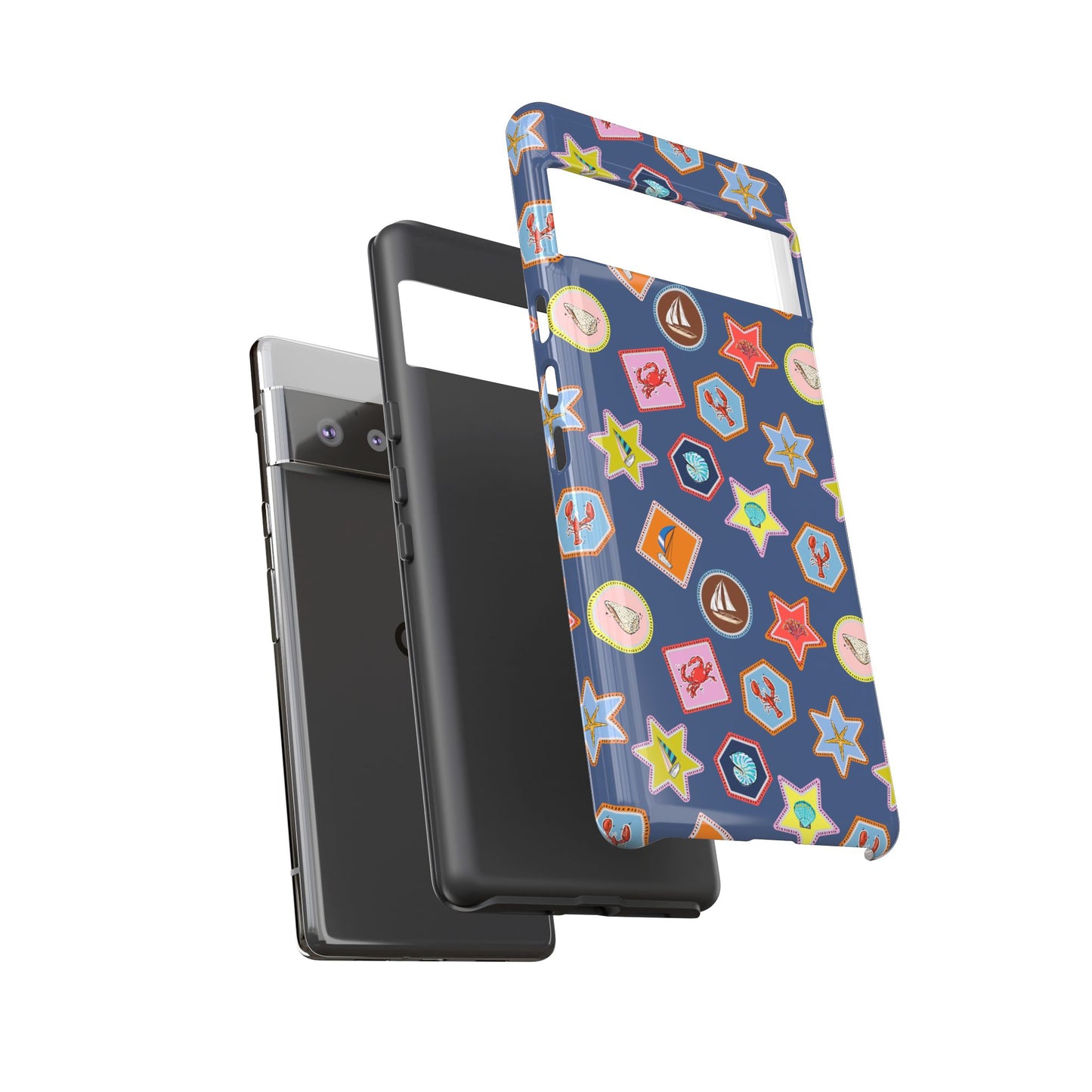 Lobsters Sailboats and Seashells on Navy Blue Phone Case