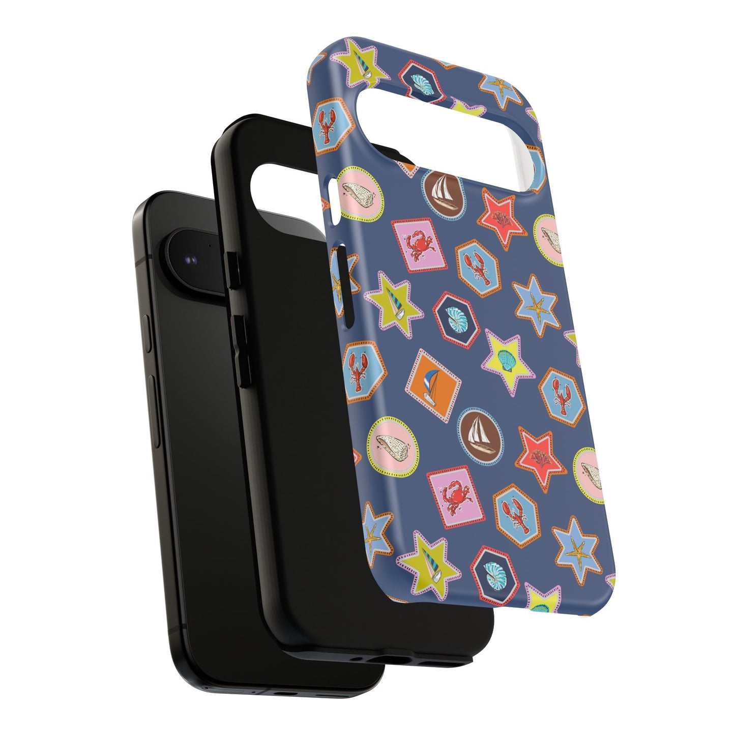 Lobsters Sailboats and Seashells on Navy Blue Phone Case