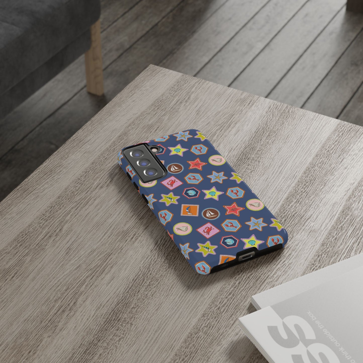 Lobsters Sailboats and Seashells on Navy Blue Phone Case