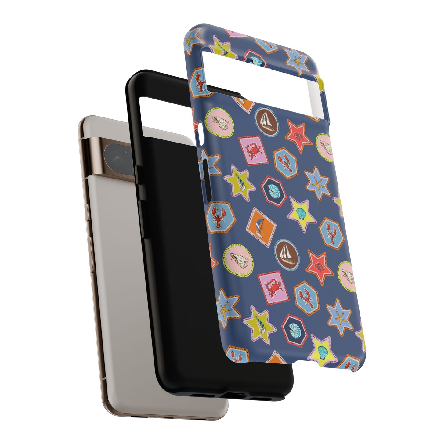 Lobsters Sailboats and Seashells on Navy Blue Phone Case