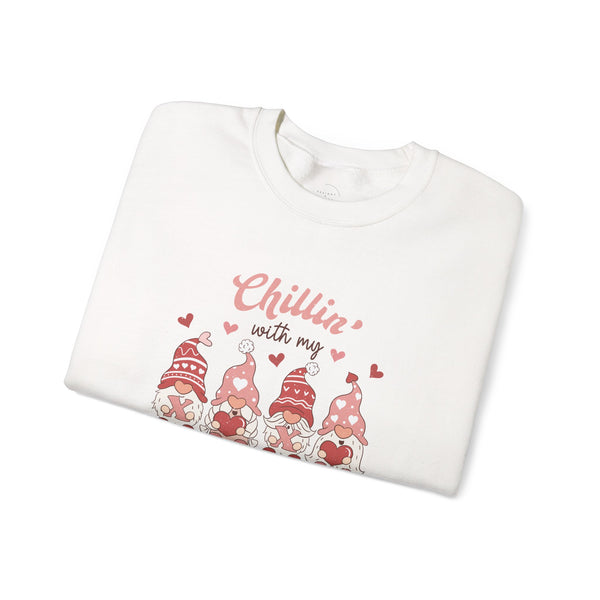 Chillin With My Gnomies Sweatshirt Women’s Valentine’s Day Gnome Crewneck Cute XOXO Heart Pullover Funny Galentine’s Gift