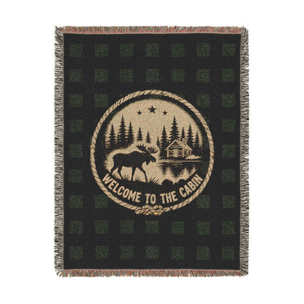 Welcome to the Cabin Woven Blanket | Moose, Log Cabin & Lake Buffalo Plaid Throw | Rustic Lodge Decor | Fall & Winter Gift