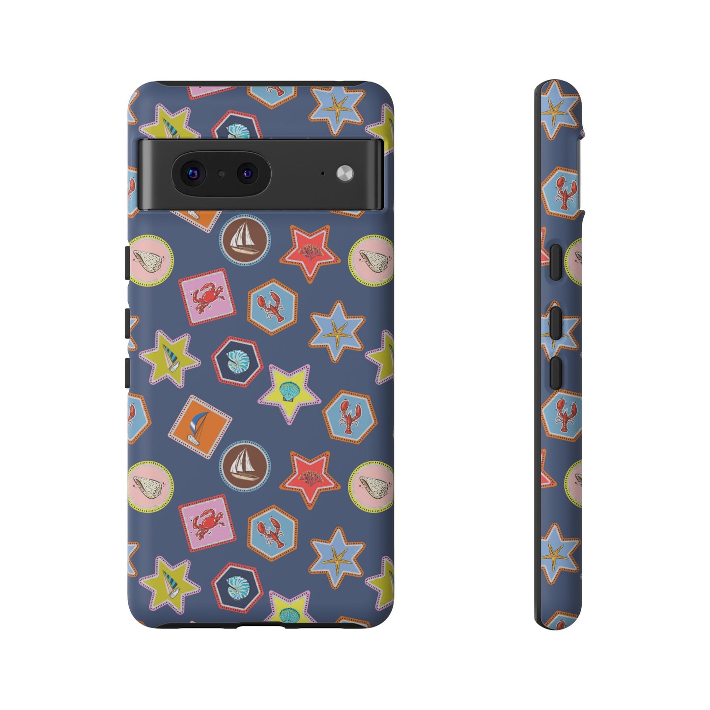 Lobsters Sailboats and Seashells on Navy Blue Phone Case