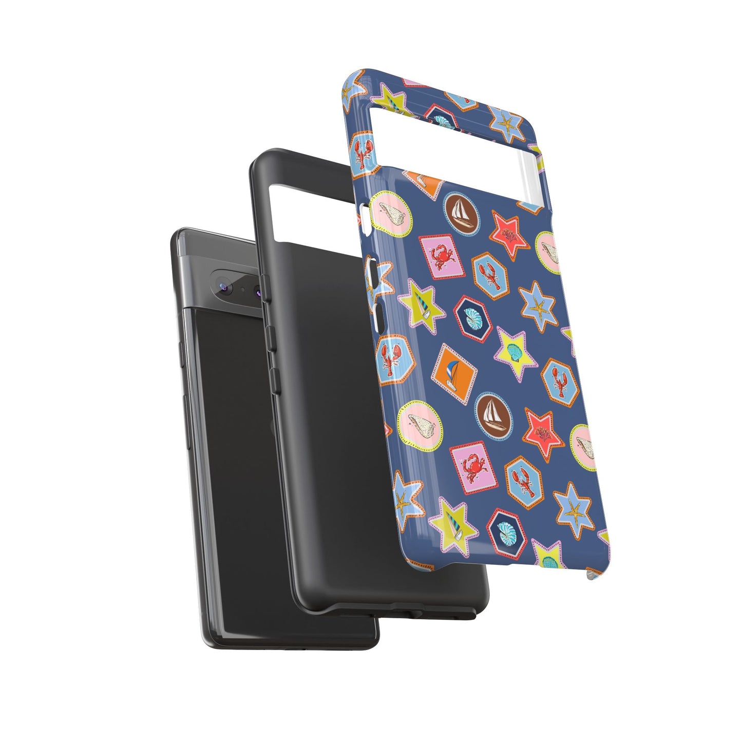 Lobsters Sailboats and Seashells on Navy Blue Phone Case