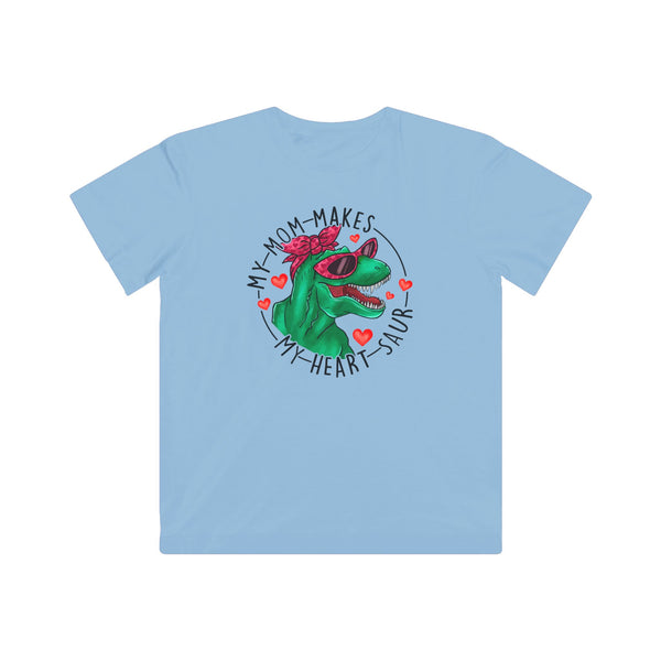 designsXdarren My Mom Makes My Heart Saur Kids Tee - Dinosaur Pun Youth T-Shirt - White Apple Silver Blue Pink