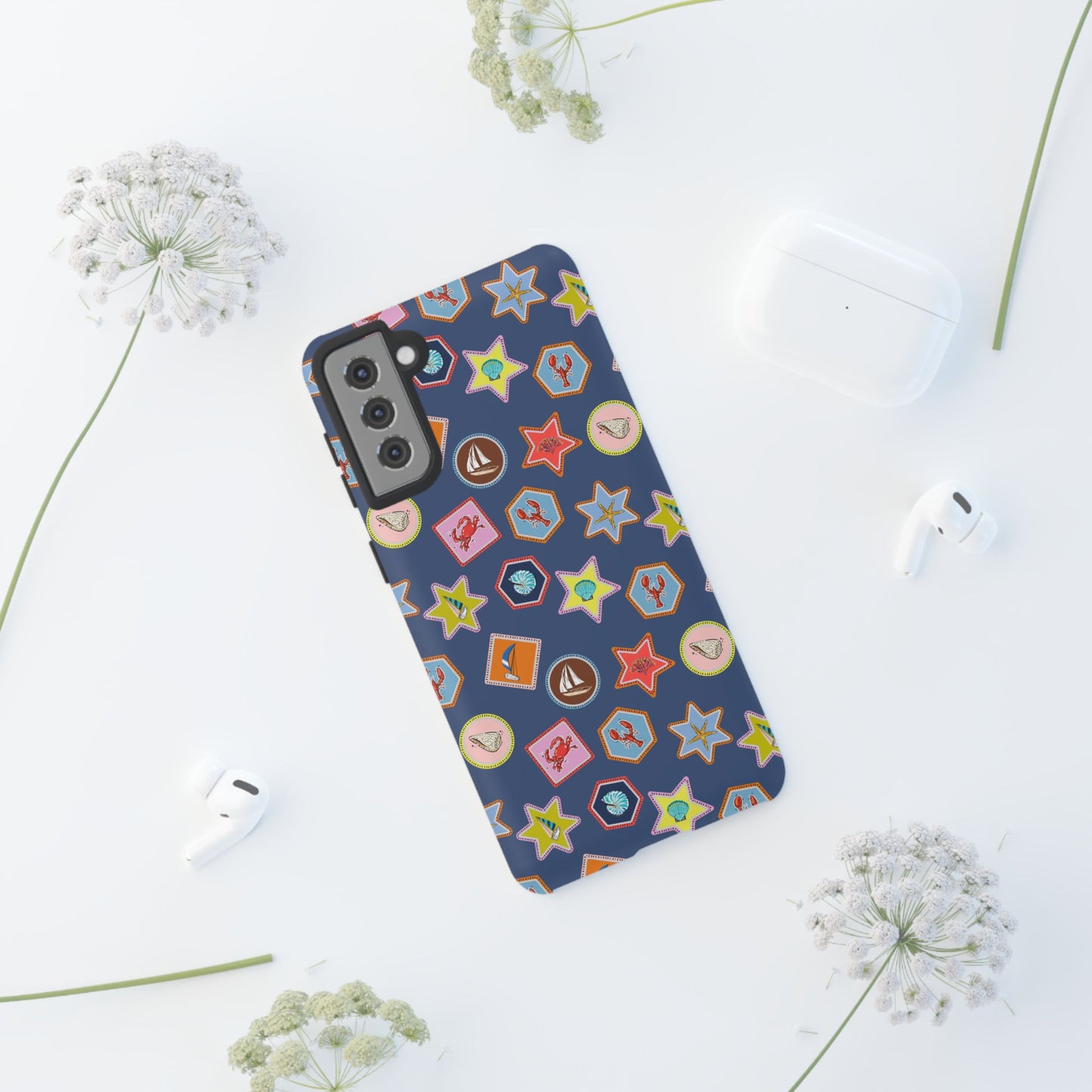 Lobsters Sailboats and Seashells on Navy Blue Phone Case