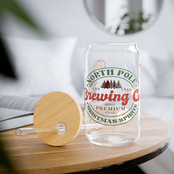Christmas 16oz Glass, Christmas Brewing Can Glass, Christmas Gift, North Pole, Glass Jar with Lid and Straw, 16oz Glass Cup, Libbey Cup