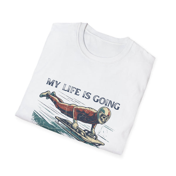 “My Life Is Going Downhill Fast" Skeleton Racer T-Shirt | Retro Winter Sports Graphic Tee