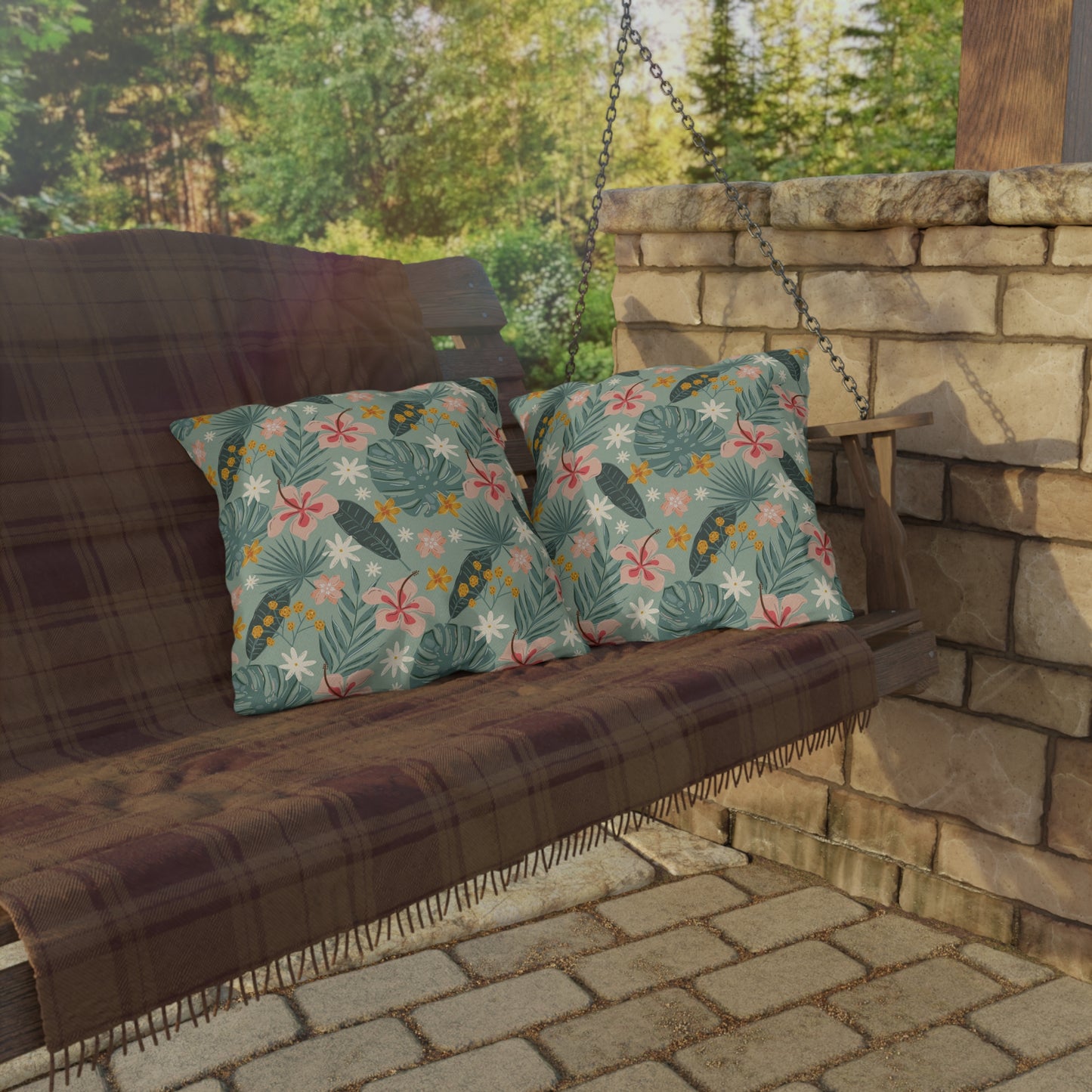 Palm Leaf & Hibiscus - Outdoor Throw Pillow