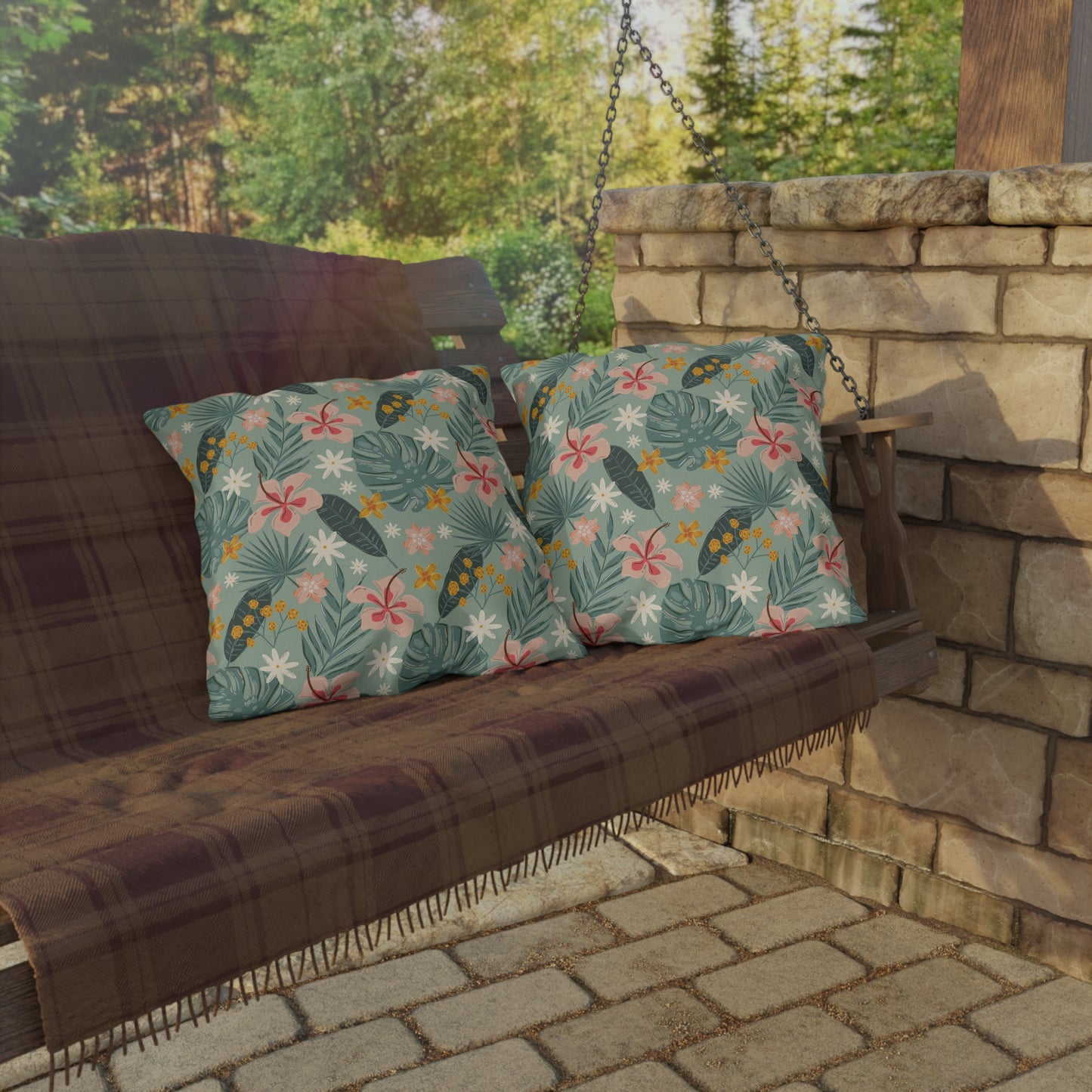 Palm Leaf & Hibiscus - Outdoor Throw Pillow