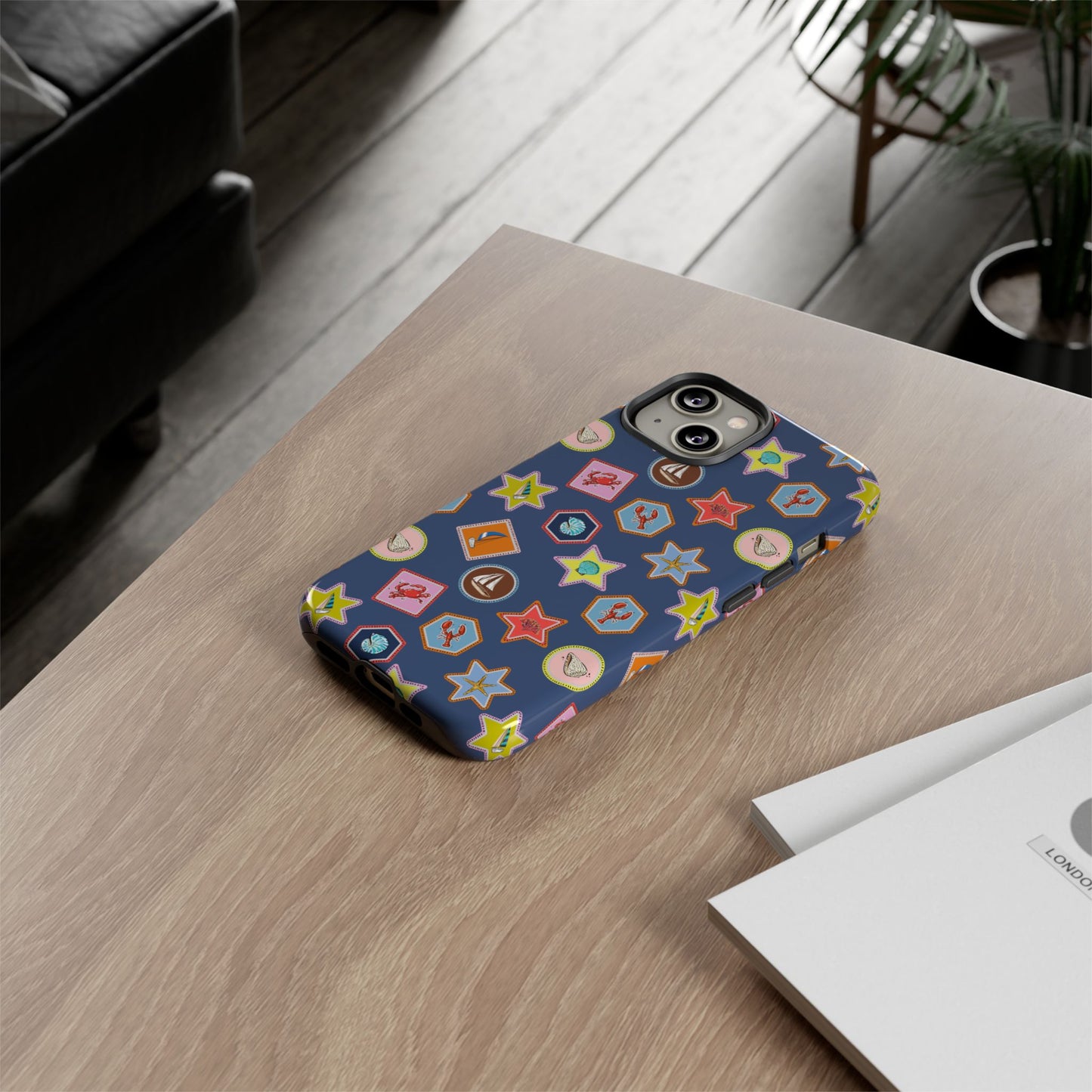 Lobsters Sailboats and Seashells on Navy Blue Phone Case