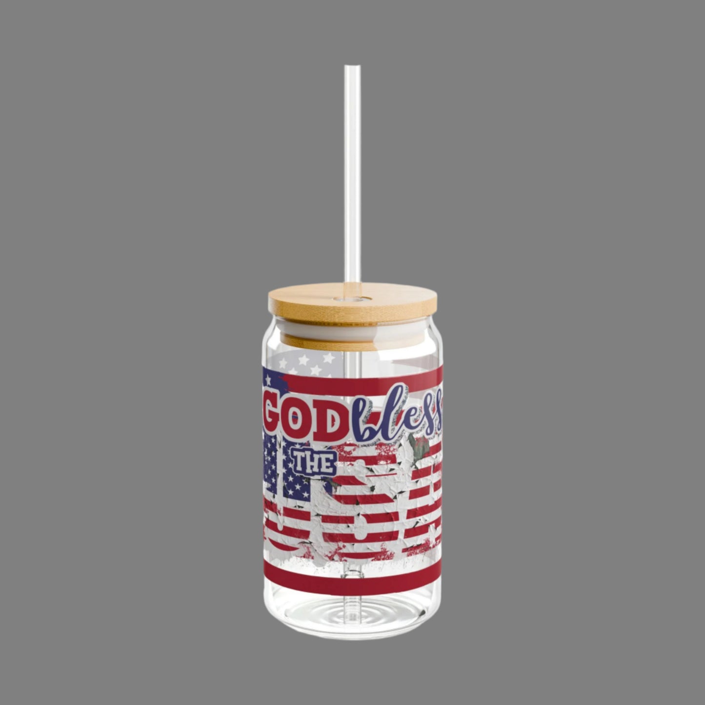 God Bless the USA - 16oz Glass WIth Lid and Straw