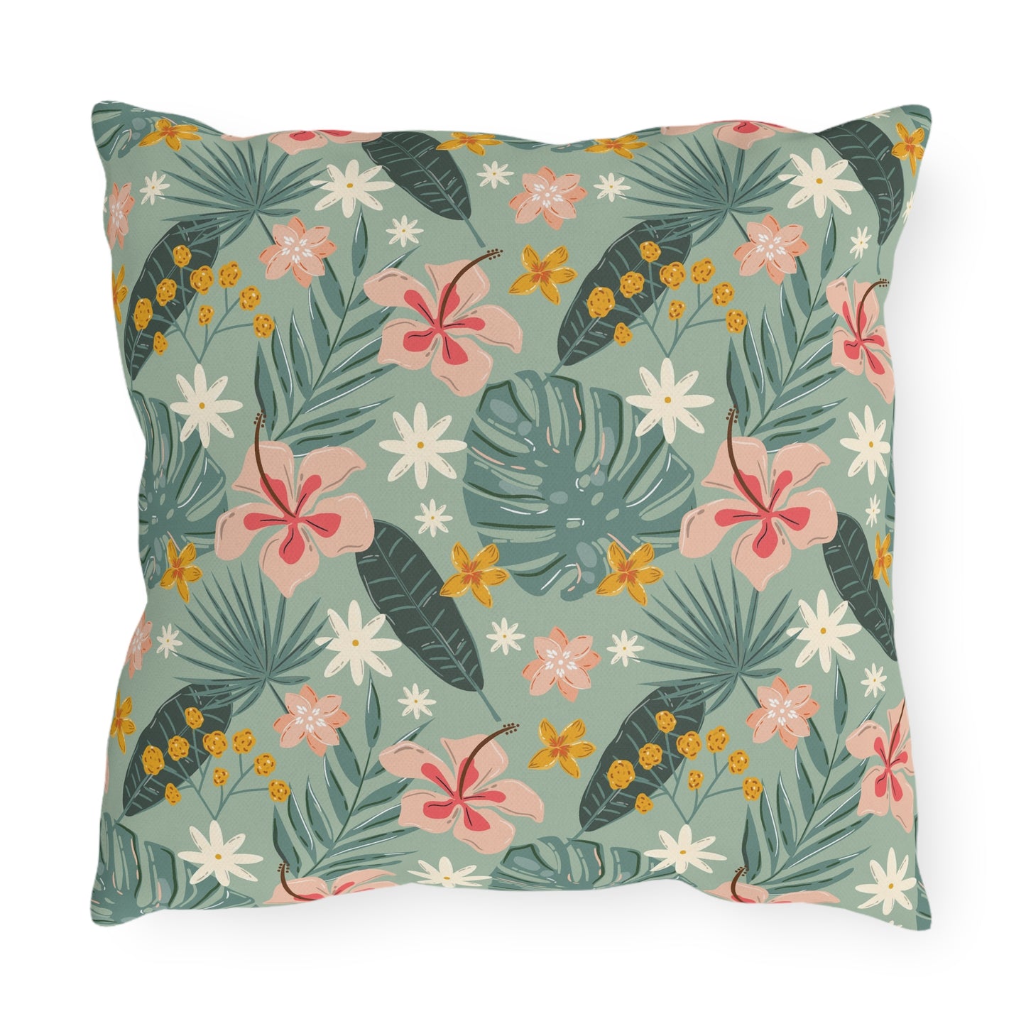 Palm Leaf & Hibiscus - Outdoor Throw Pillow