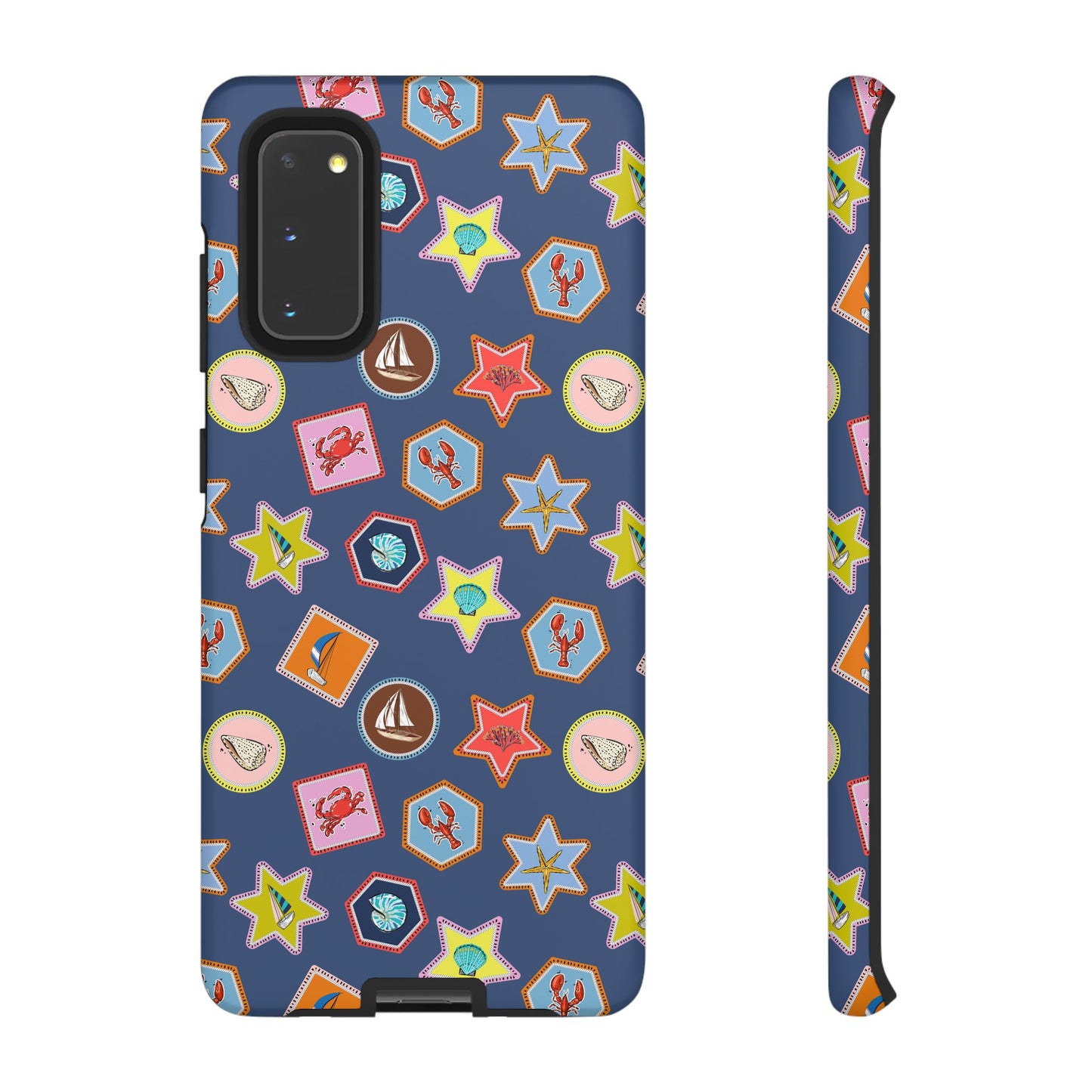 Lobsters Sailboats and Seashells on Navy Blue Phone Case