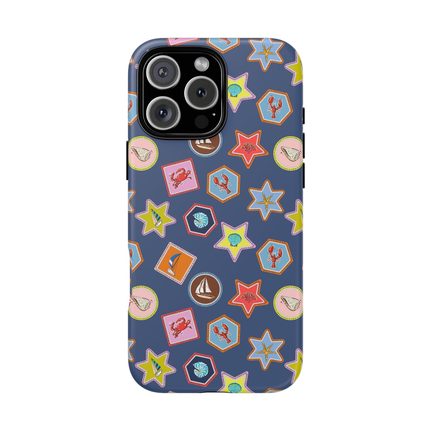 Lobsters Sailboats and Seashells on Navy Blue Phone Case