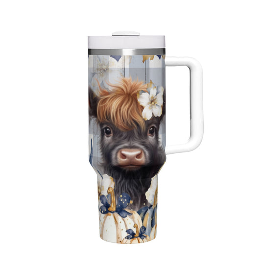Highland Cow on Blue Flannel - 40oz Stainless Steel Tumbler