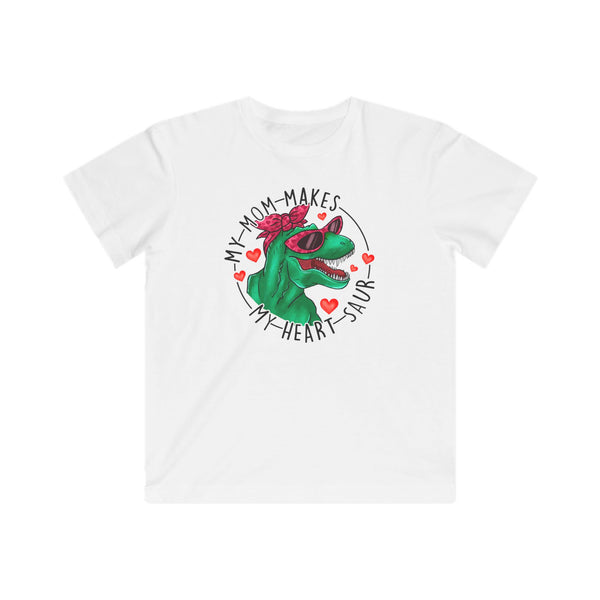 designsXdarren My Mom Makes My Heart Saur Kids Tee - Dinosaur Pun Youth T-Shirt - White Apple Silver Blue Pink