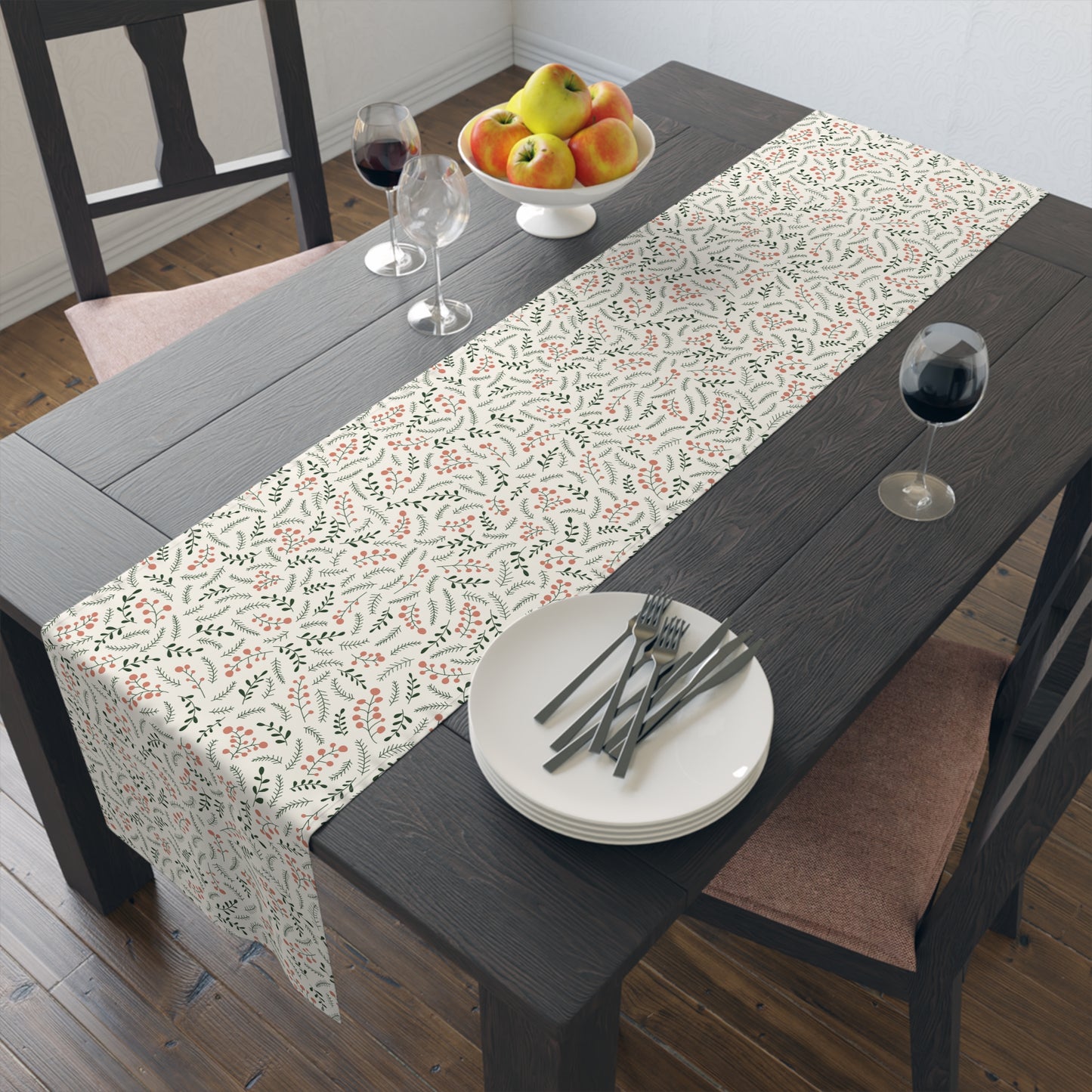 Christmas Table Runner Featuring Red & Green Holly