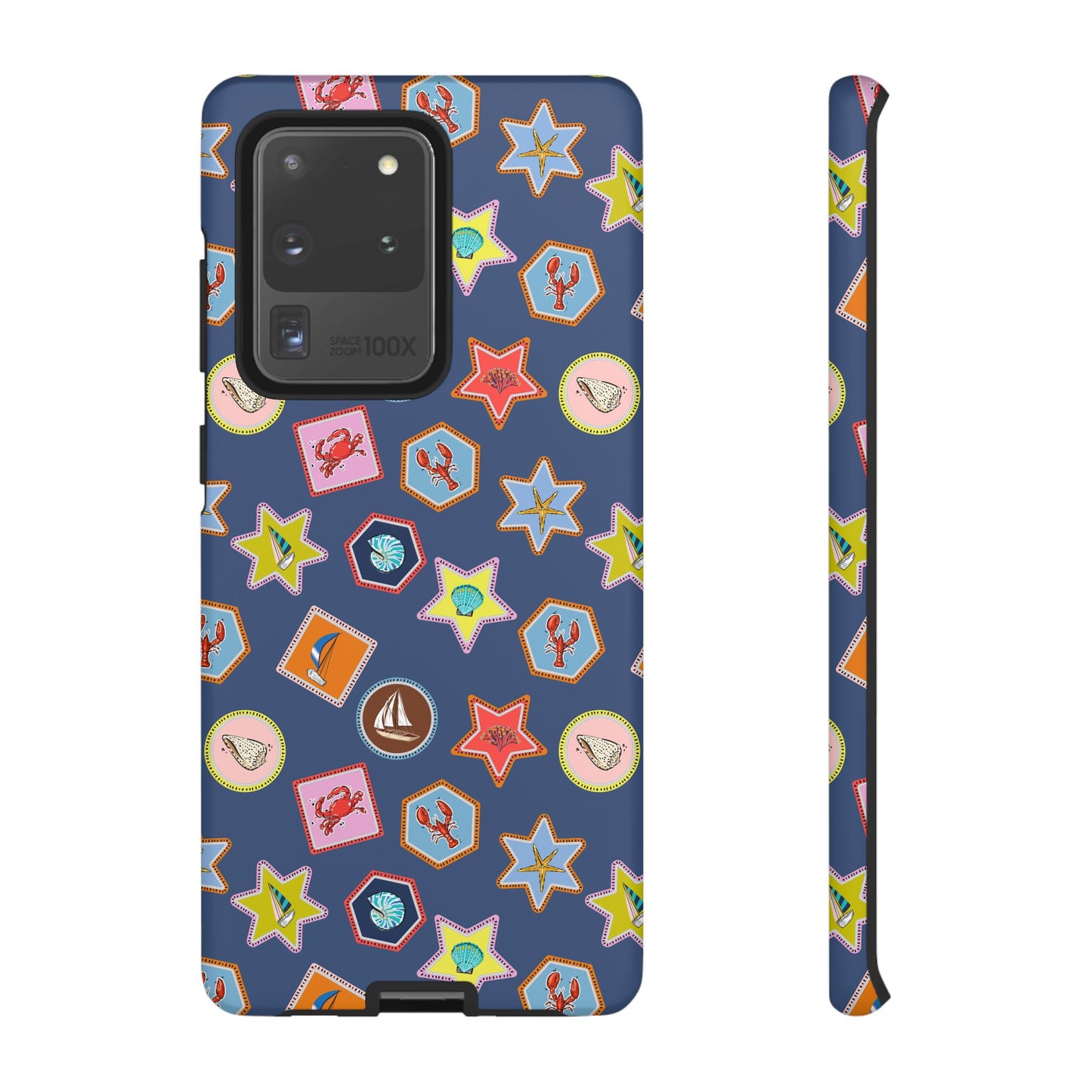 Lobsters Sailboats and Seashells on Navy Blue Phone Case