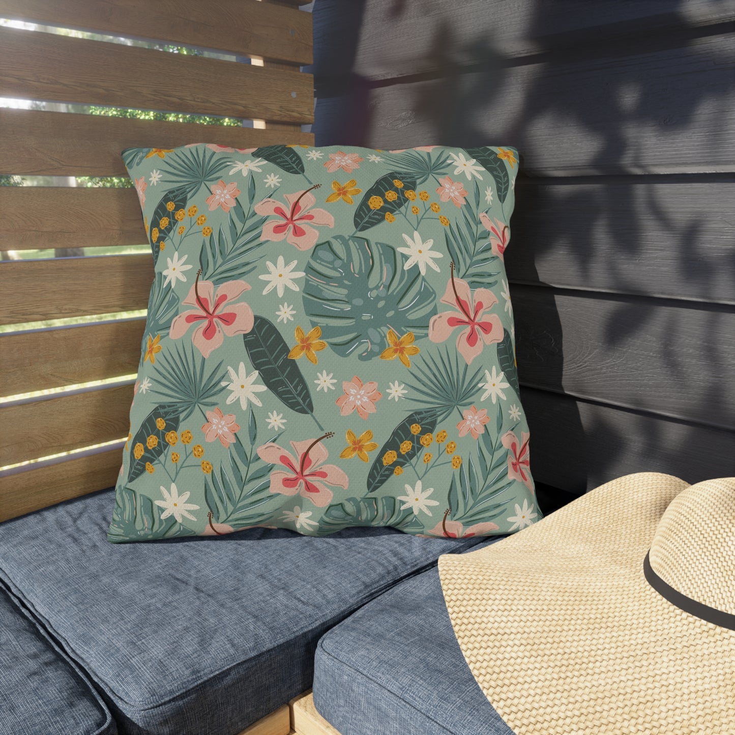 Palm Leaf & Hibiscus - Outdoor Throw Pillow