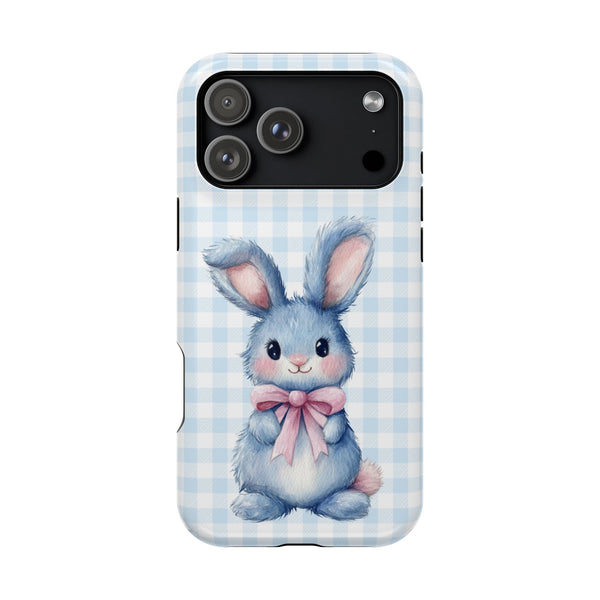 Cute Bunny on Blue Plaid MagSafe iPhone Case
