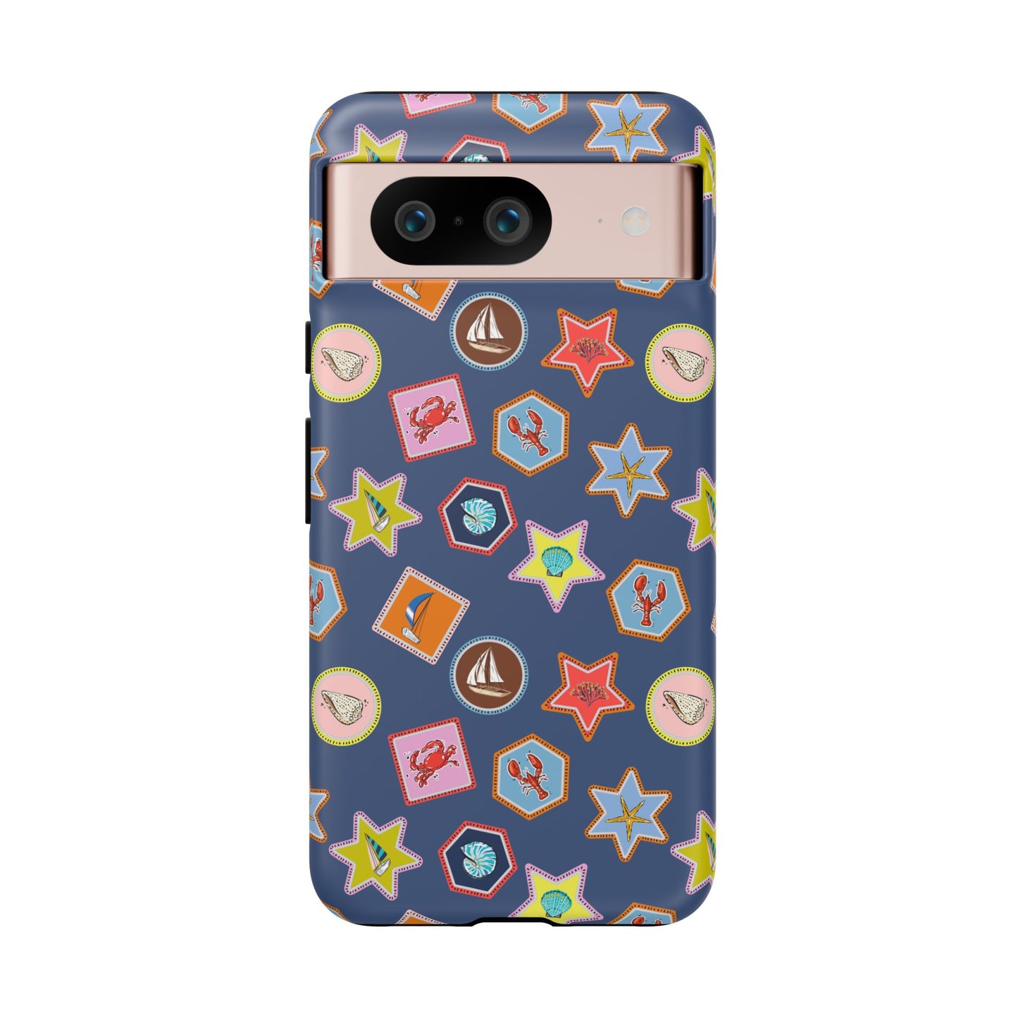 Lobsters Sailboats and Seashells on Navy Blue Phone Case