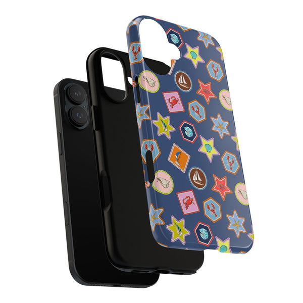 Lobsters Sailboats and Seashells on Navy Blue Phone Case