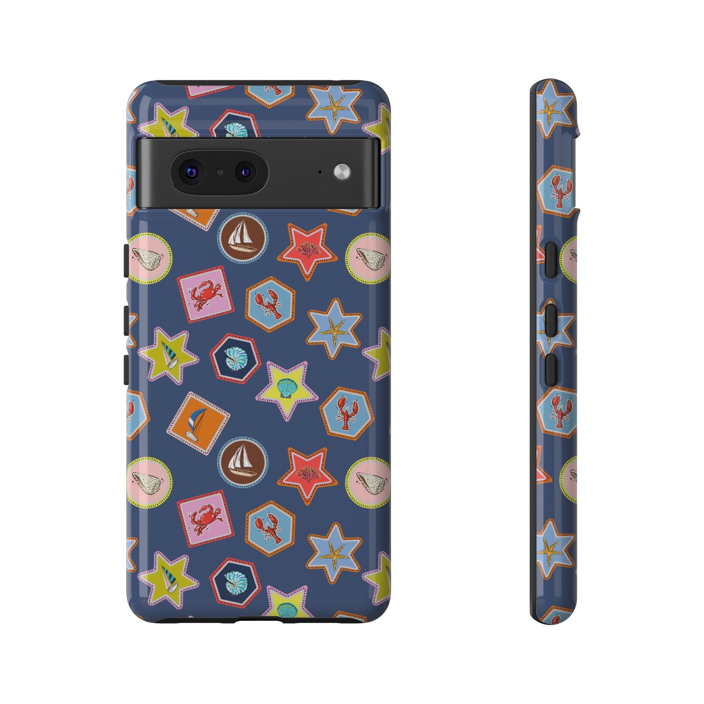 Lobsters Sailboats and Seashells on Navy Blue Phone Case