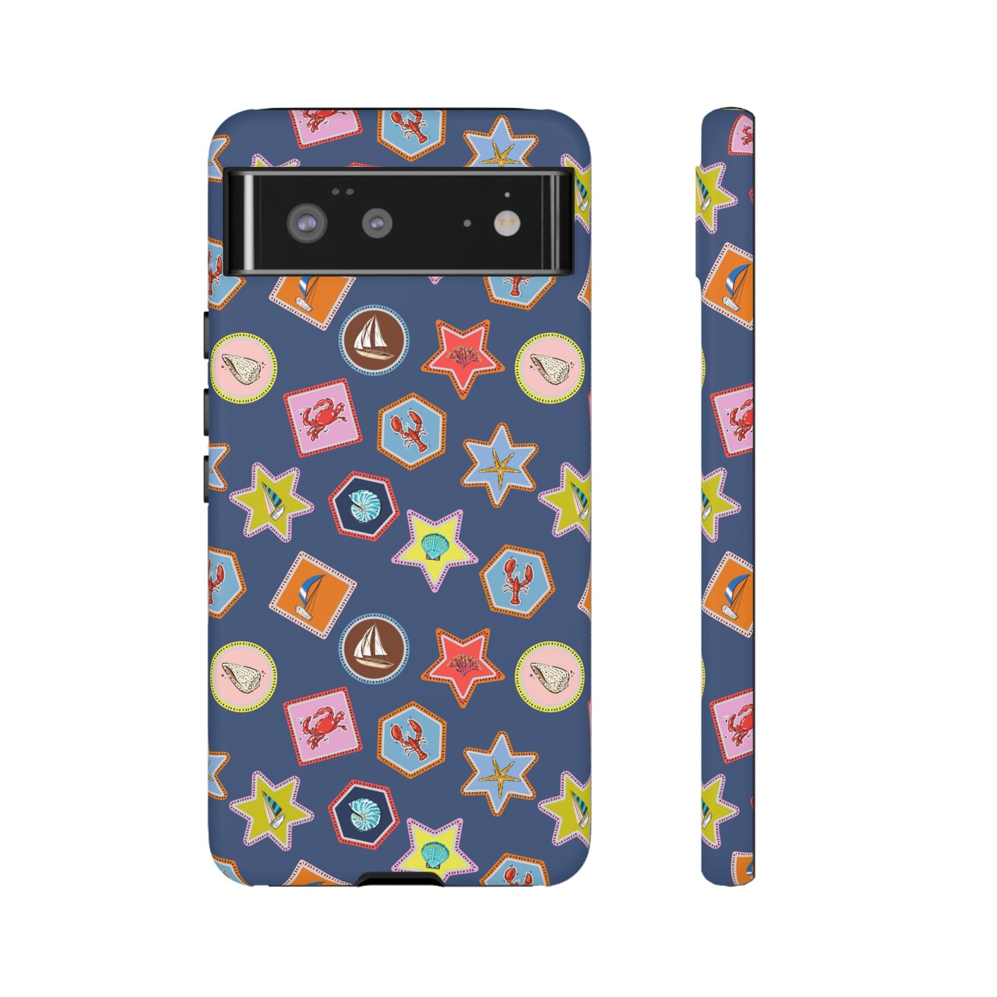 Lobsters Sailboats and Seashells on Navy Blue Phone Case