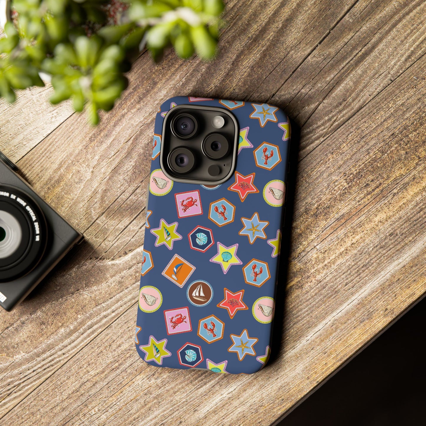 Lobsters Sailboats and Seashells on Navy Blue Phone Case