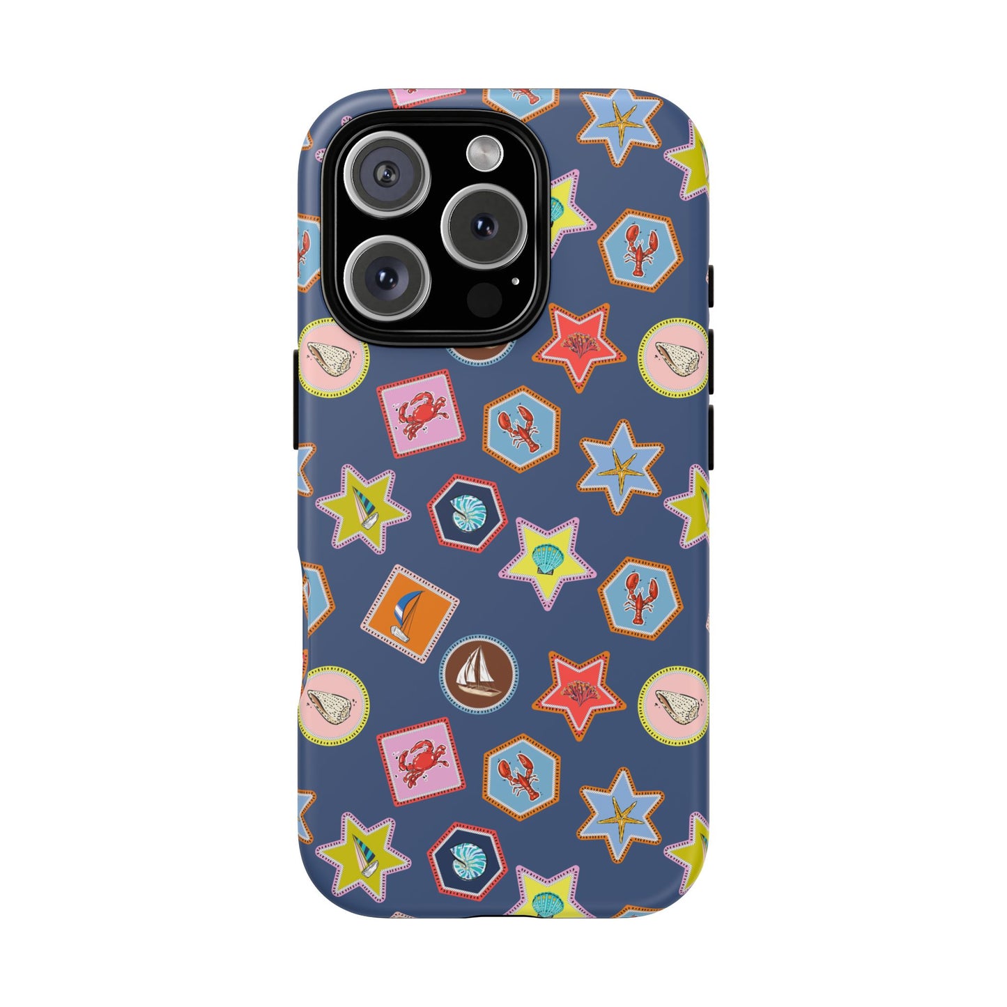 Lobsters Sailboats and Seashells on Navy Blue Phone Case