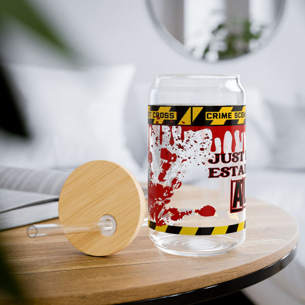True Crime Lover, 16oz Glass, Alibi Iced Can Glass, Crime Lover Cup, Glass Jar with Lid and Straw, 16oz Glass Cup, Libbey Cup