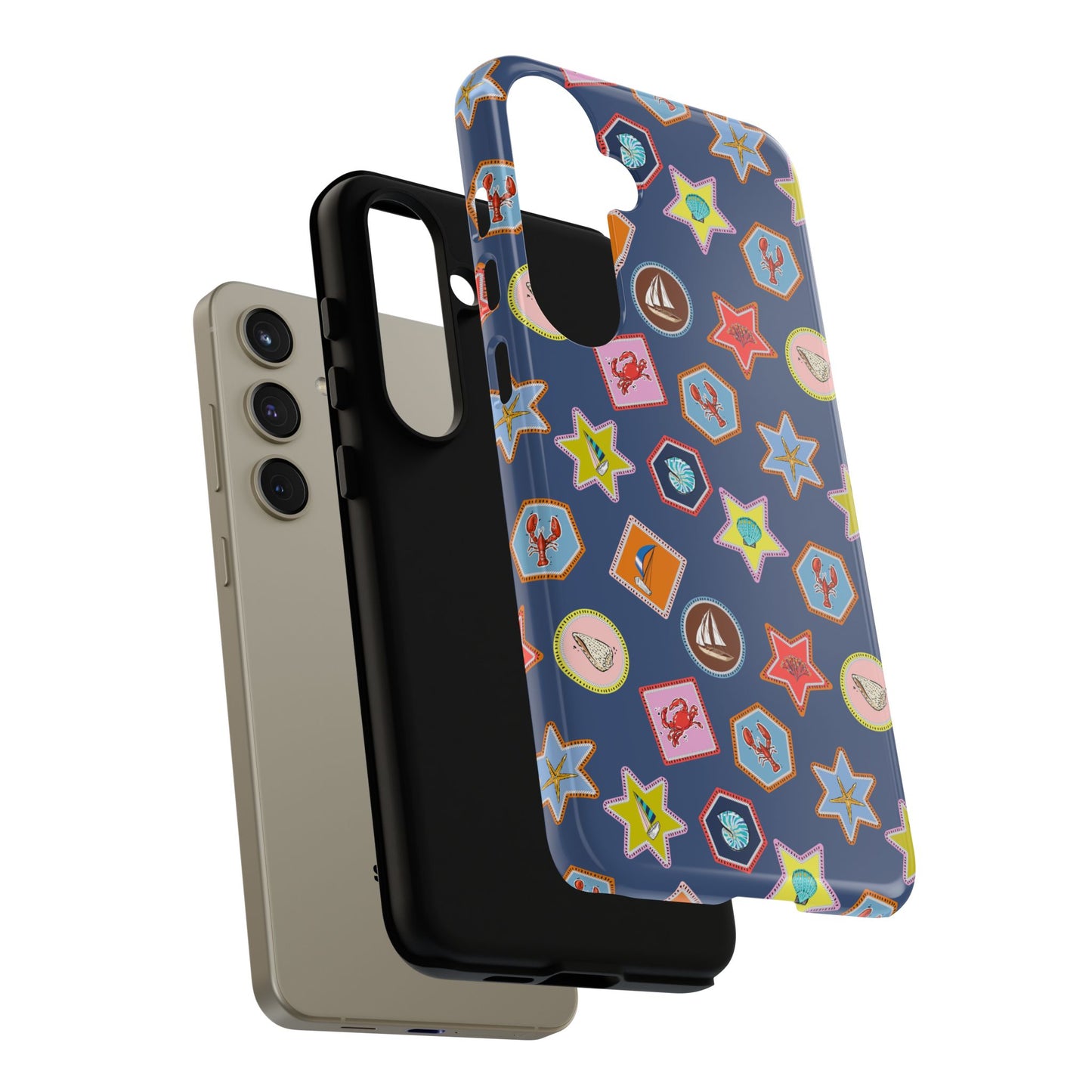 Lobsters Sailboats and Seashells on Navy Blue Phone Case