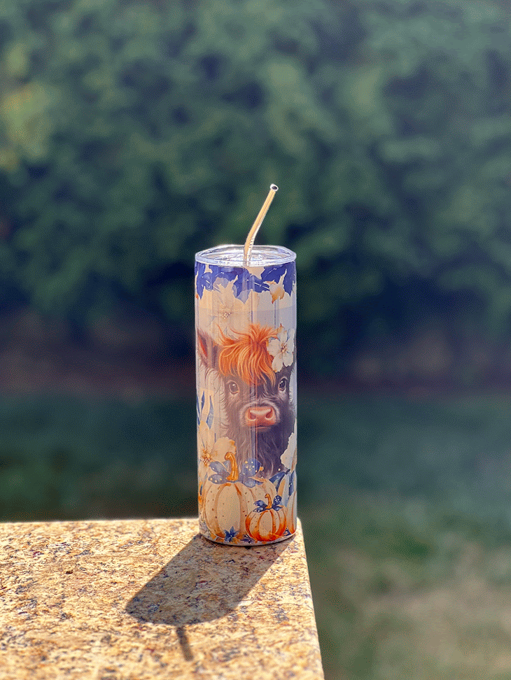 Highland Cow on Blue Flannel 20oz Skinny Tumbler