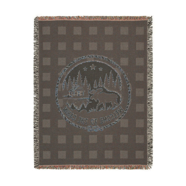 Welcome to the Cabin Woven Blanket | Moose, Log Cabin & Lake Buffalo Plaid Throw | Rustic Lodge Decor | Fall & Winter Gift
