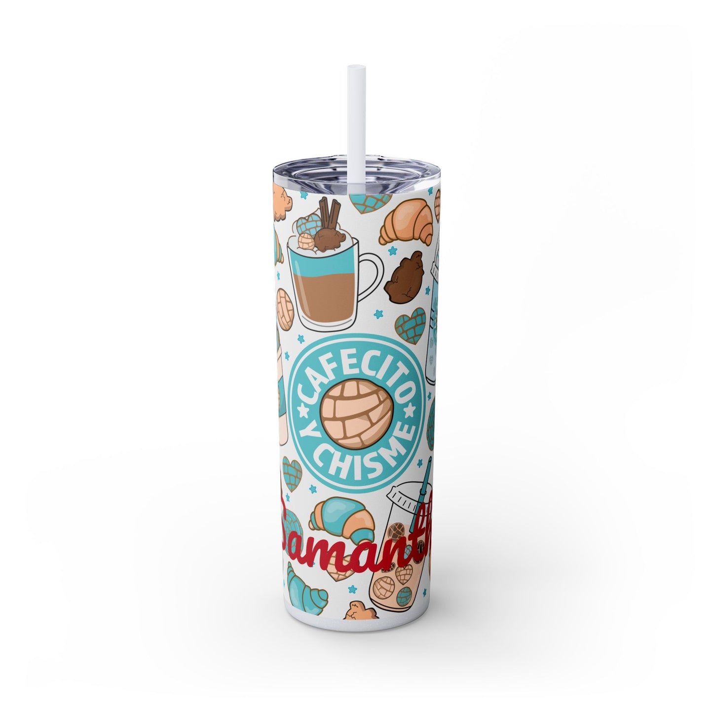Personalized Cafe y Chisme, Skinny Tumbler with Straw, Skinny 20oz Tumbler, Cross, Cafe y Chisme