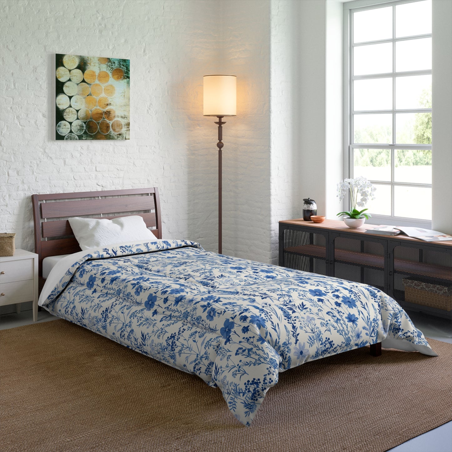 Blue Toile Floral Comforter - Cozy Bedding for Modern Bedrooms, Flower Pattern Bedspread, Spring Decor, Gift for Her