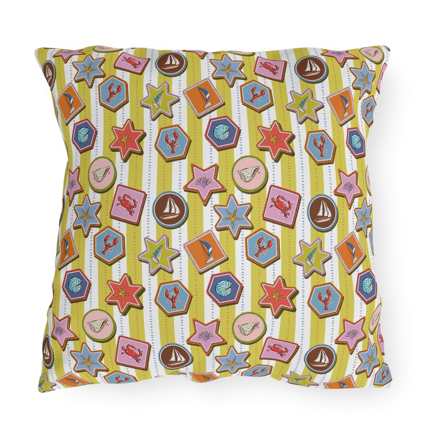 Coastal Nautical Outdoor Throw Pillow – Beach House Patio Cushion with Lobsters, Sailboats & Seashells