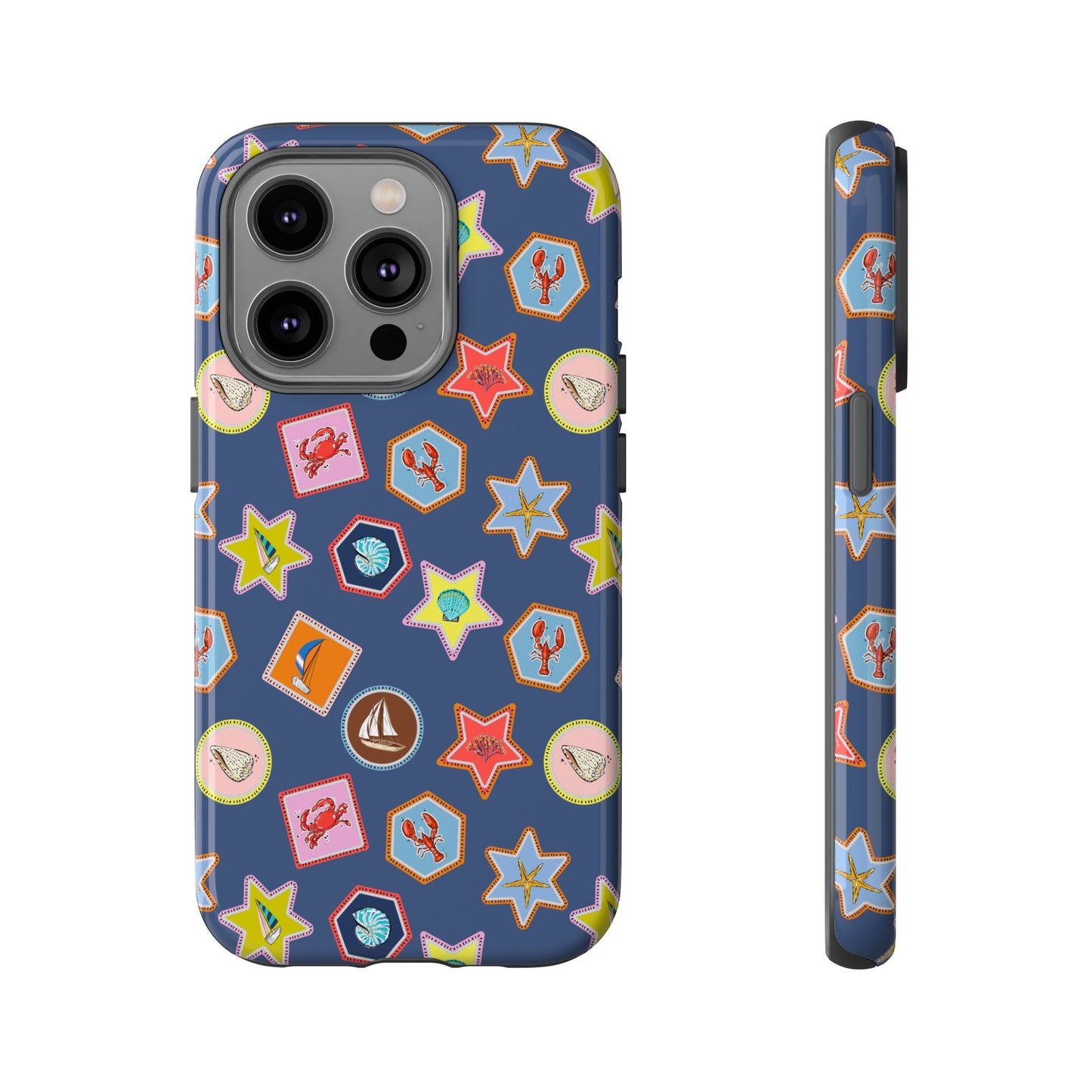 Lobsters Sailboats and Seashells on Navy Blue Phone Case
