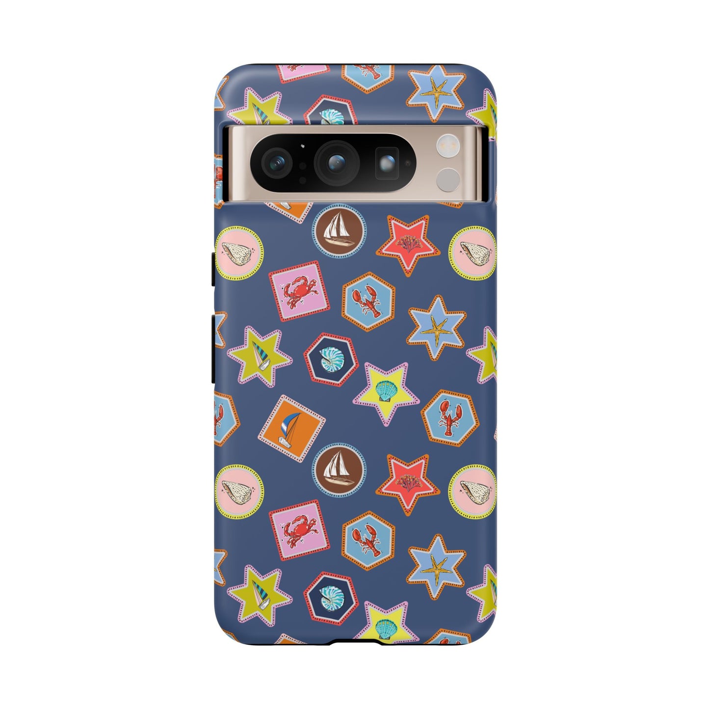 Lobsters Sailboats and Seashells on Navy Blue Phone Case