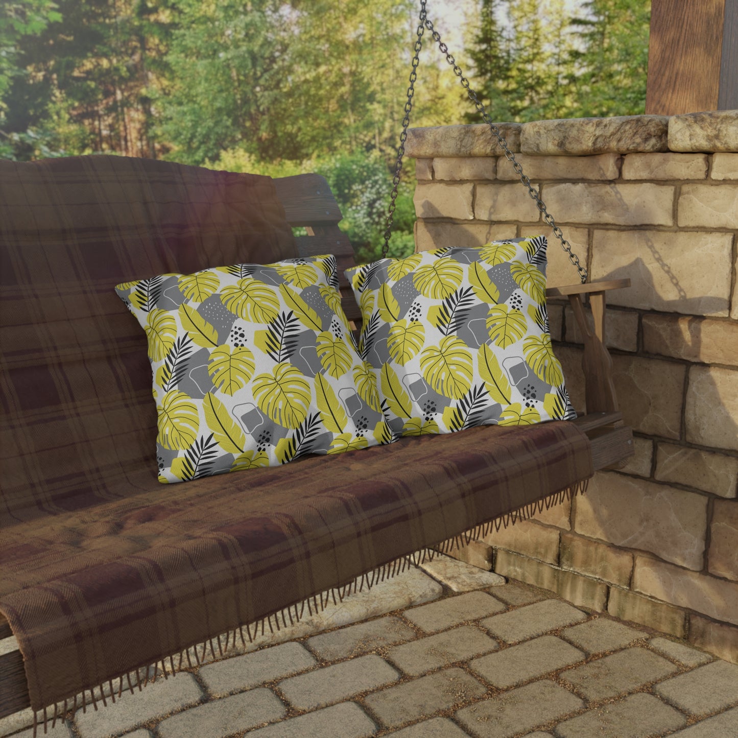 Outdoor Pillow - Yellow and Gray Tropical Leaf Throw Pillow