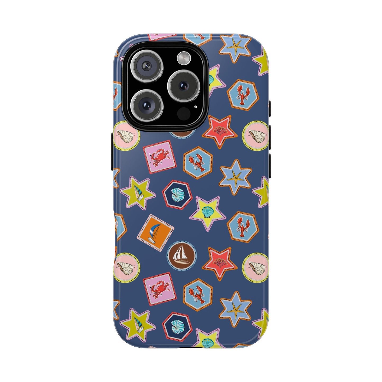 Lobsters Sailboats and Seashells on Navy Blue Phone Case