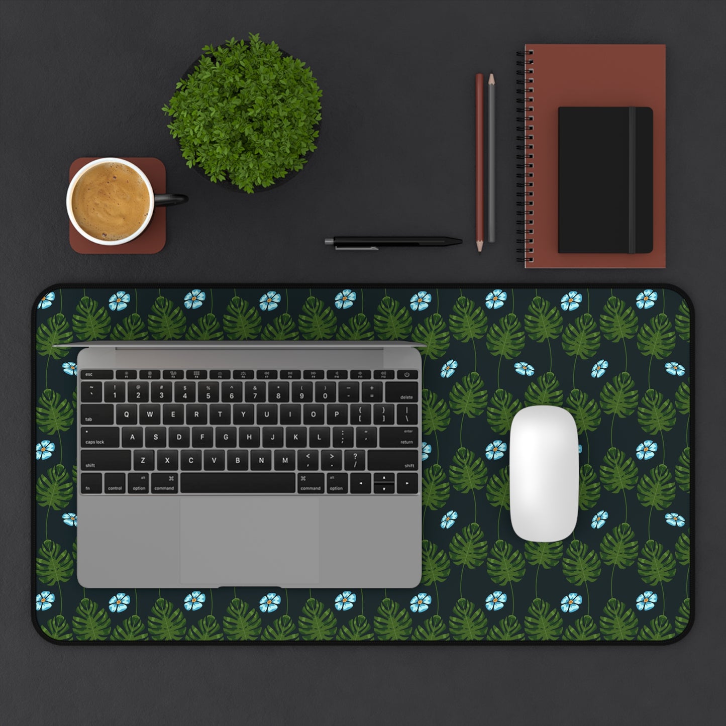 Blue and Green Floral Garden - Desk Mat