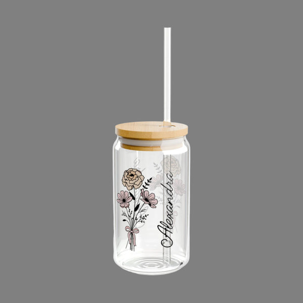 Personalized September Flower 16oz Can Glass - Stylish Sipper with Bamboo Lid and Straw