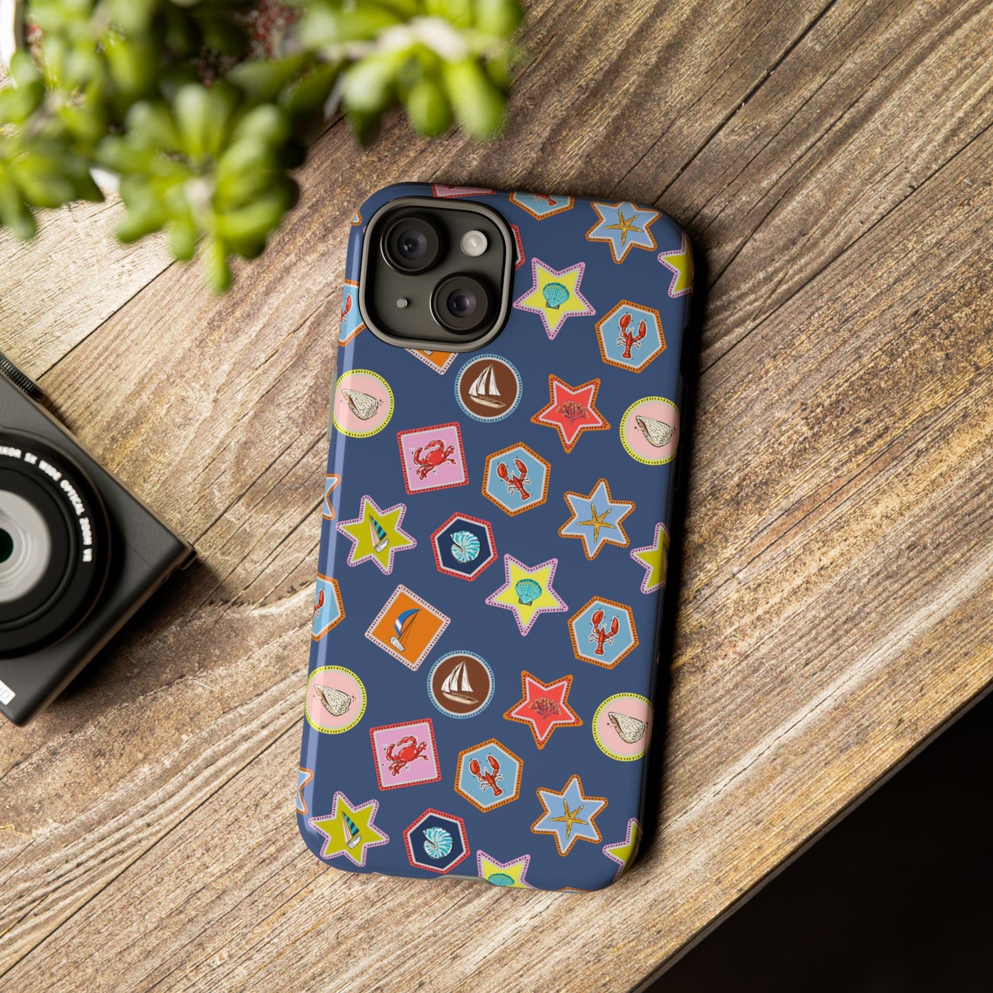 Lobsters Sailboats and Seashells on Navy Blue Phone Case