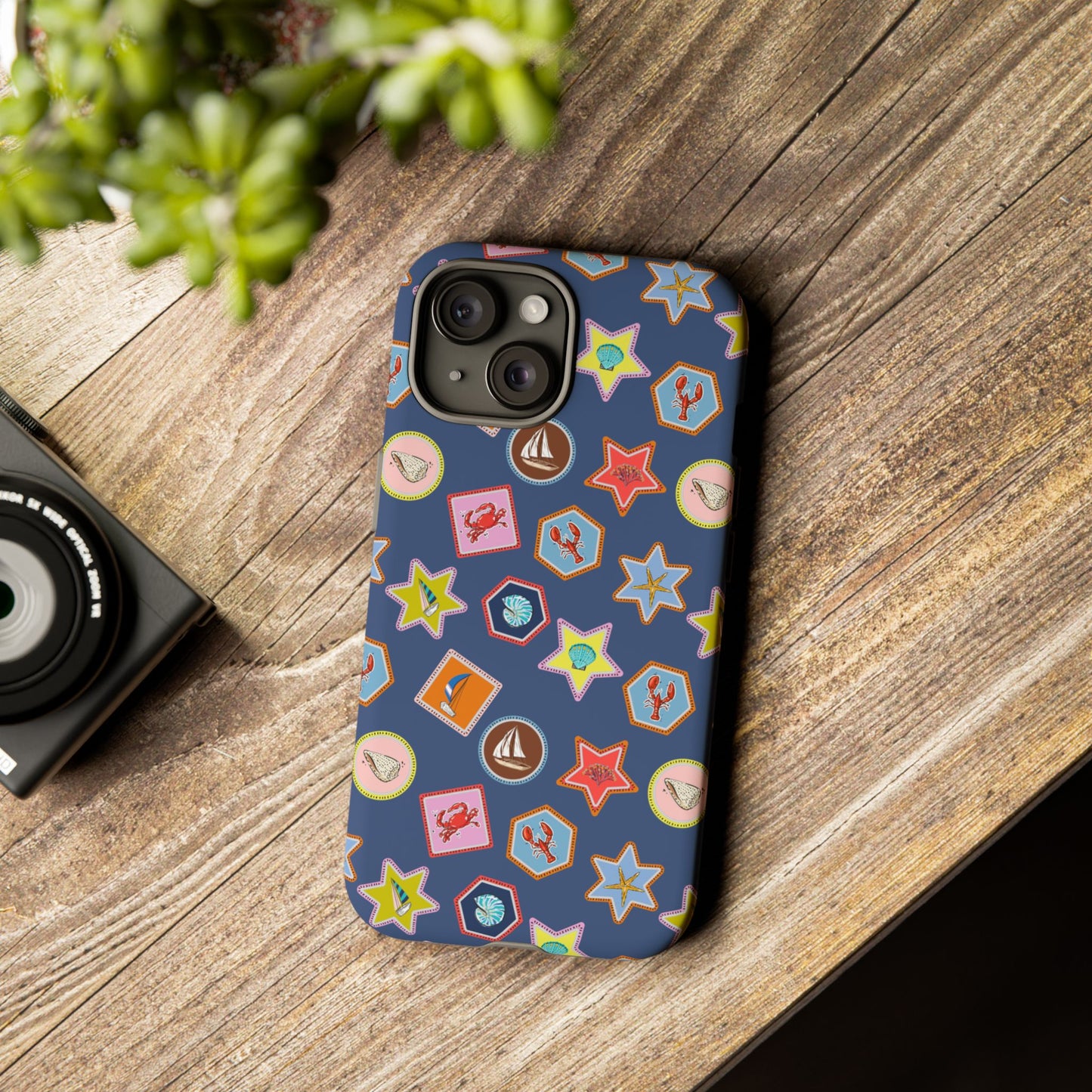 Lobsters Sailboats and Seashells on Navy Blue Phone Case
