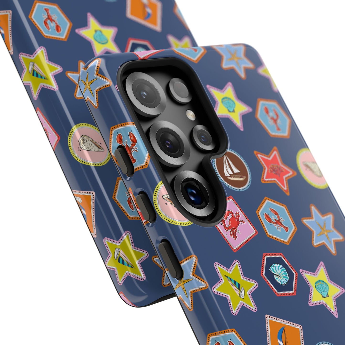 Lobsters Sailboats and Seashells on Navy Blue Phone Case