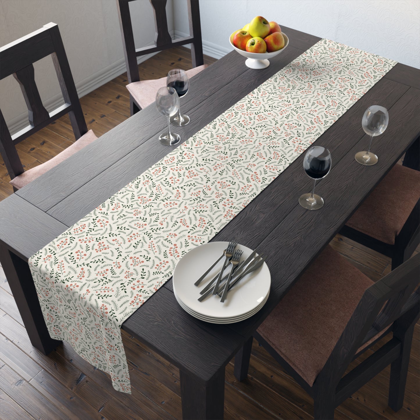 Christmas Table Runner Featuring Red & Green Holly