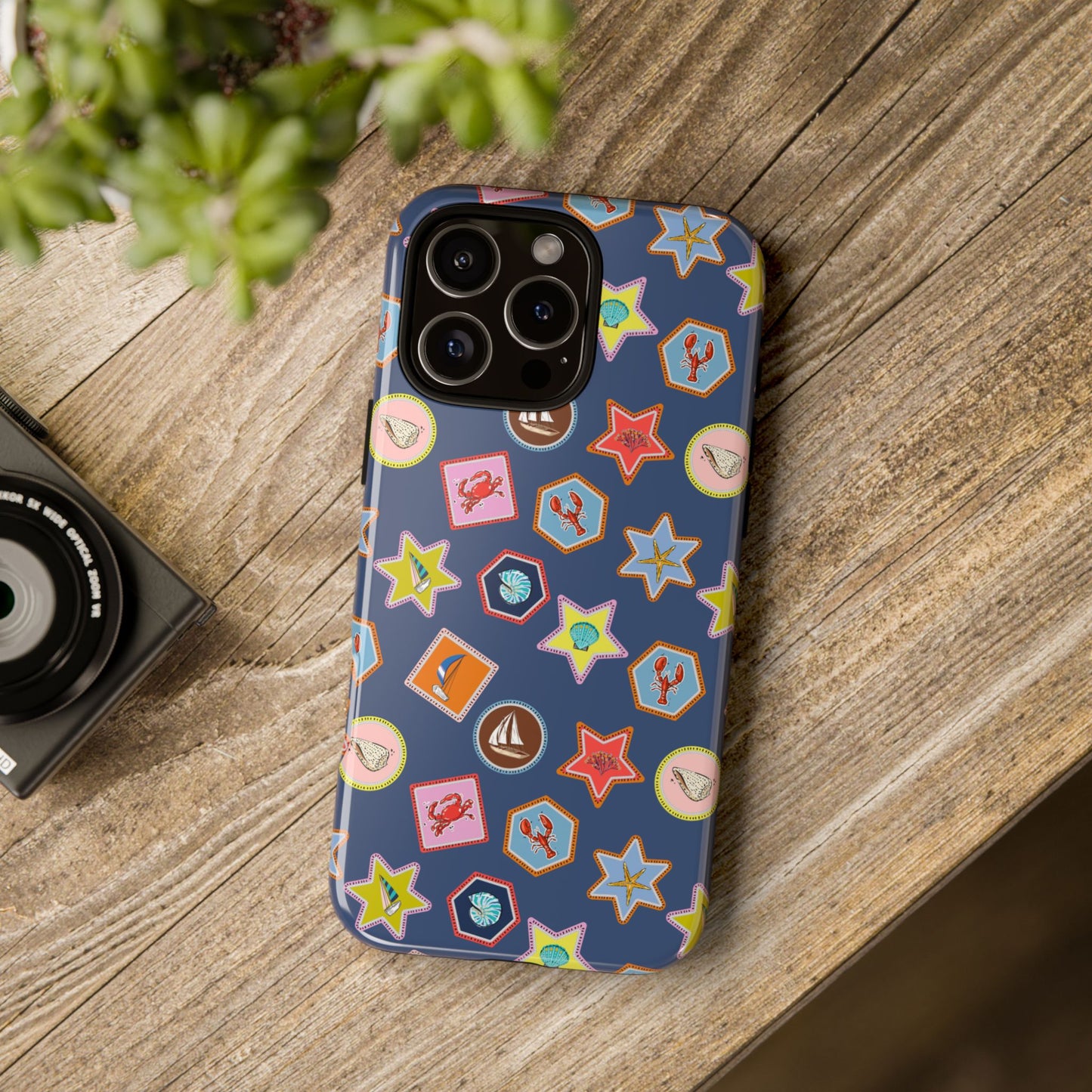 Lobsters Sailboats and Seashells on Navy Blue Phone Case